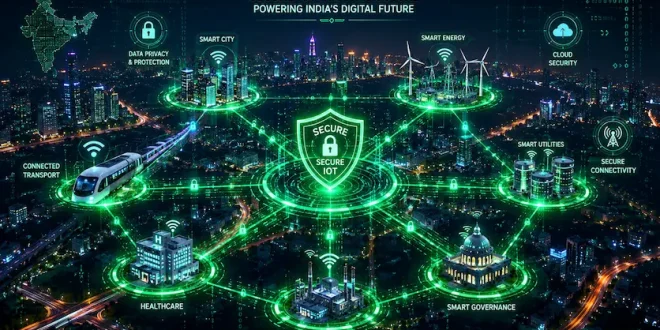 A futuristic, abstract visualization of interconnected digital city nodes showing green glowing data streams, representing secure IoT infrastructure and smart city technology in India.