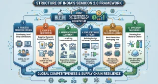 Infographic showing the structure of India's Semicon 2.0 framework, outlining the six value chain pillars—Fabless design, IP, Equipment, EDA software, Advanced Packaging, and Materials—converging under a joint Government-VC co-investment ecosystem.
