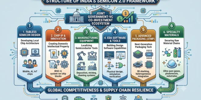 Infographic showing the structure of India's Semicon 2.0 framework, outlining the six value chain pillars—Fabless design, IP, Equipment, EDA software, Advanced Packaging, and Materials—converging under a joint Government-VC co-investment ecosystem.