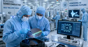 Engineers wearing cleanroom suits inspect silicon wafers inside a modern semiconductor manufacturing facility in India, representing the country's growing chip industry, AI innovation and advanced electronics manufacturing ecosystem.