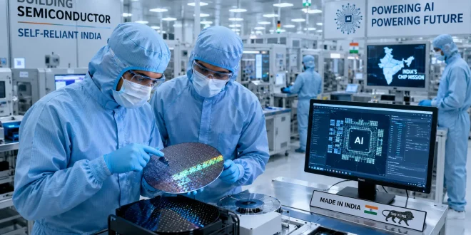 Engineers wearing cleanroom suits inspect silicon wafers inside a modern semiconductor manufacturing facility in India, representing the country's growing chip industry, AI innovation and advanced electronics manufacturing ecosystem.