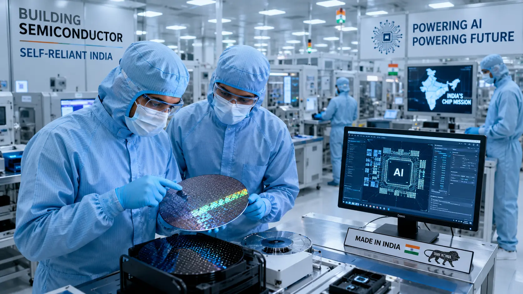 Engineers wearing cleanroom suits inspect silicon wafers inside a modern semiconductor manufacturing facility in India, representing the country's growing chip industry, AI innovation and advanced electronics manufacturing ecosystem.