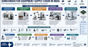 Diagram illustrating the semiconductor equipment supply chain including deposition, etching, wafer handling, metrology, and clean-room systems in India.