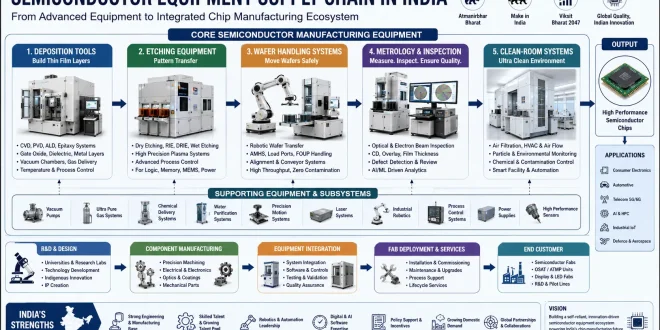 Diagram illustrating the semiconductor equipment supply chain including deposition, etching, wafer handling, metrology, and clean-room systems in India.