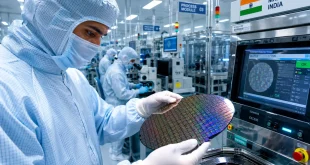 Highly detailed close-up of an engineer handling a silicon wafer inside a dust-free, high-tech semiconductor cleanroom facility in India.