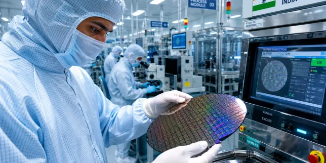 Highly detailed close-up of an engineer handling a silicon wafer inside a dust-free, high-tech semiconductor cleanroom facility in India.