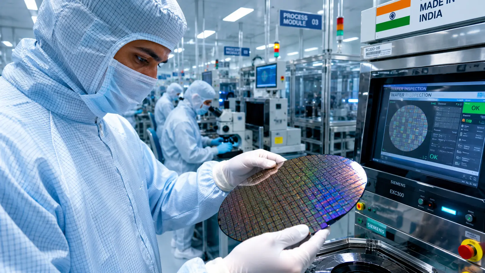 Highly detailed close-up of an engineer handling a silicon wafer inside a dust-free, high-tech semiconductor cleanroom facility in India.
