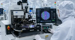 Cleanroom technician operating an automated wafer probe testing station inside a high-tech semiconductor packaging facility.
