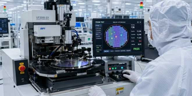 Cleanroom technician operating an automated wafer probe testing station inside a high-tech semiconductor packaging facility.