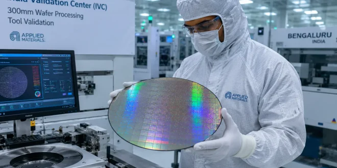 A engineer handling a high-precision 300mm silicon wafer inside a cleanroom environment for semiconductor manufacturing tool validation in Bengaluru.