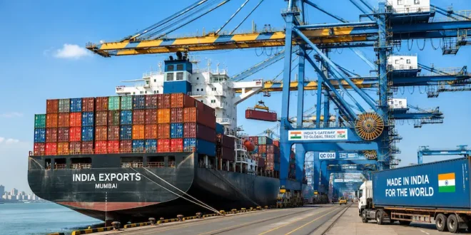 Container ship loaded with export cargo docked at a modern Indian seaport with cargo cranes operating under a clear sky.
