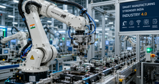 High-precision industrial robotic arm assembling components on a modern automated manufacturing line in India