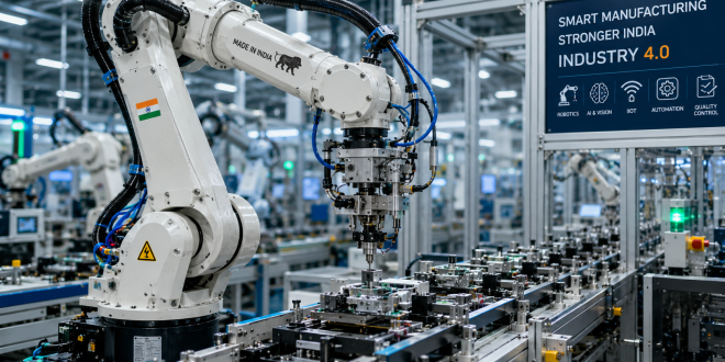 High-precision industrial robotic arm assembling components on a modern automated manufacturing line in India