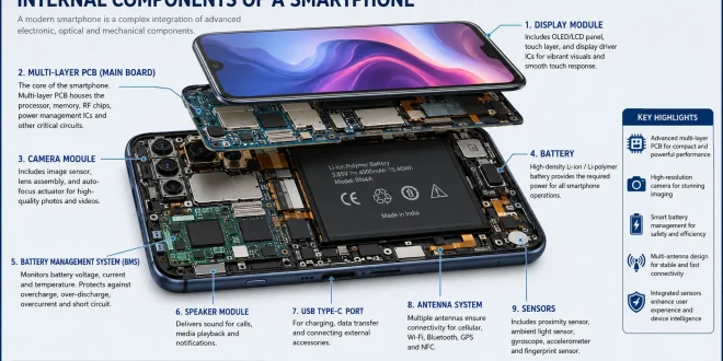 Labeled diagram showing the internal components of a smartphone, including multi-layer PCB, display module, camera sensor, and battery management system.