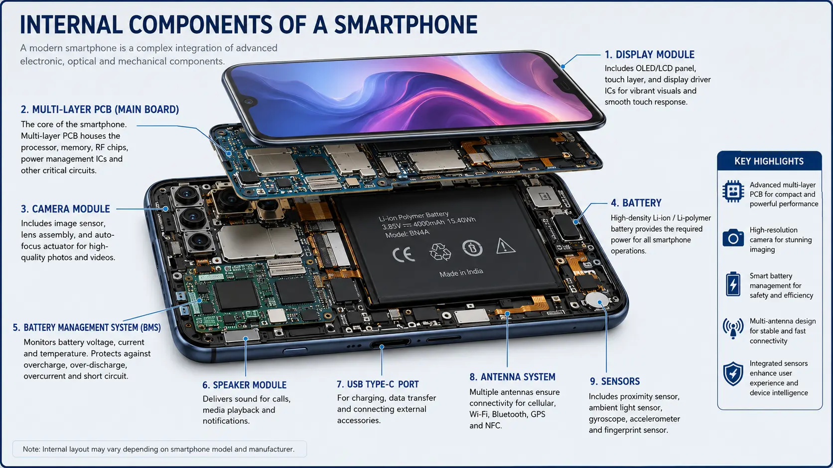 Labeled diagram showing the internal components of a smartphone, including multi-layer PCB, display module, camera sensor, and battery management system.