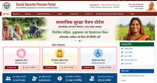 Screenshot of the official Uttar Pradesh Social Security Pension Portal homepage highlighting old age, widow, and disability pension options for online status checks in 2026.
