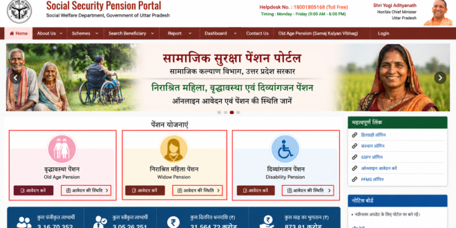 Screenshot of the official Uttar Pradesh Social Security Pension Portal homepage highlighting old age, widow, and disability pension options for online status checks in 2026.