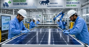 Technicians inspecting and assembling high-efficiency photovoltaic solar panels inside a modern Indian manufacturing facility.