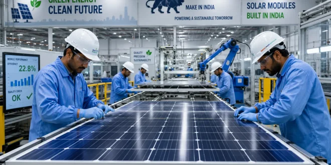 Technicians inspecting and assembling high-efficiency photovoltaic solar panels inside a modern Indian manufacturing facility.