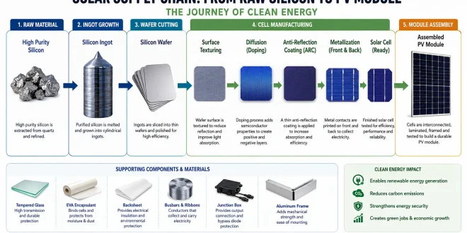 Labeled diagram illustrating the clean energy solar supply chain step-by-step from raw silicon wafer to solar cell and assembled PV module.
