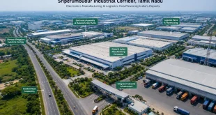 Aerial view of Sriperumbudur industrial corridor in Tamil Nadu featuring electronics assembly plants and logistics parks