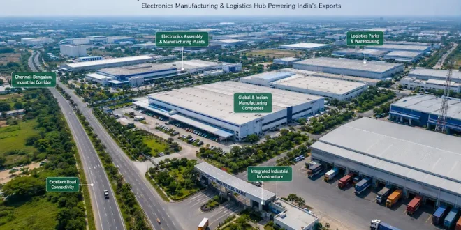 Aerial view of Sriperumbudur industrial corridor in Tamil Nadu featuring electronics assembly plants and logistics parks