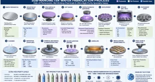 Labeled diagram showing the sub-nanometer wafer fabrication steps using photoresists, wet etching chemicals, and ultra-high-purity specialty gases.