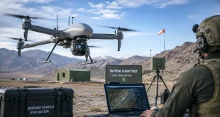 Autonomous surveillance drone performing a tactical flight test during defense startup evaluation.