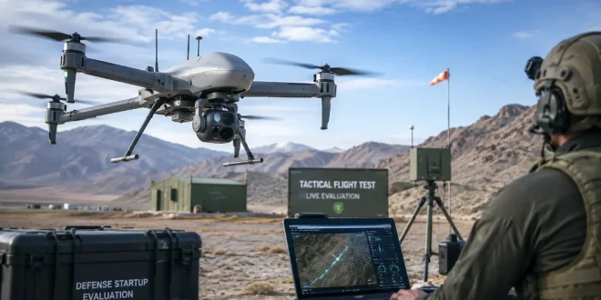 Autonomous surveillance drone performing a tactical flight test during defense startup evaluation.