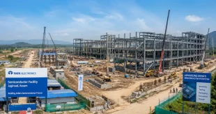 A panoramic view of the Tata Electronics semiconductor facility construction site at Jagiroad, Assam, showcasing industrial structural steel frames.