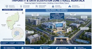 Map and digital render of the upcoming Tripura IT & Data Ecosystem Zone (TIDEZ) in Agartala, highlighting the future AI Centre of Excellence.