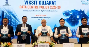 Chief Minister Bhupendra Patel launching the Viksit Gujarat Data Centre Policy 2026-29 booklet at Mahatma Mandir, Gandhinagar.