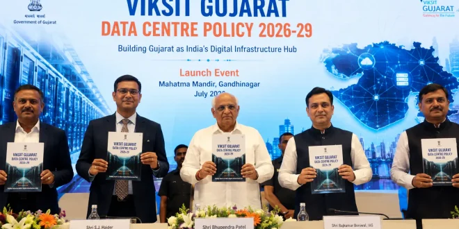 Chief Minister Bhupendra Patel launching the Viksit Gujarat Data Centre Policy 2026-29 booklet at Mahatma Mandir, Gandhinagar.