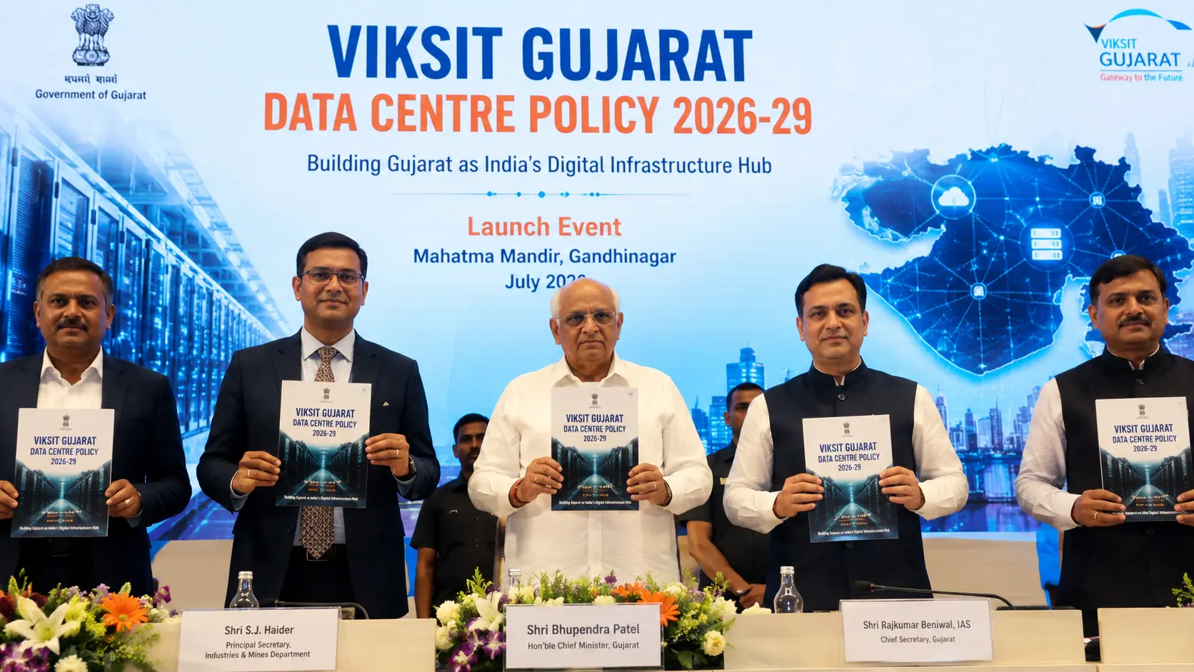 Chief Minister Bhupendra Patel launching the Viksit Gujarat Data Centre Policy 2026-29 booklet at Mahatma Mandir, Gandhinagar.