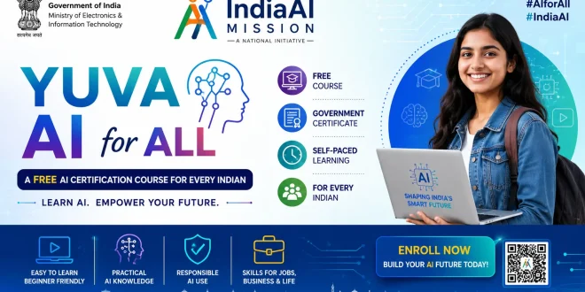Banner of the Government of India YUVA AI for ALL course displaying the IndiaAI Mission logo and digital learning icons