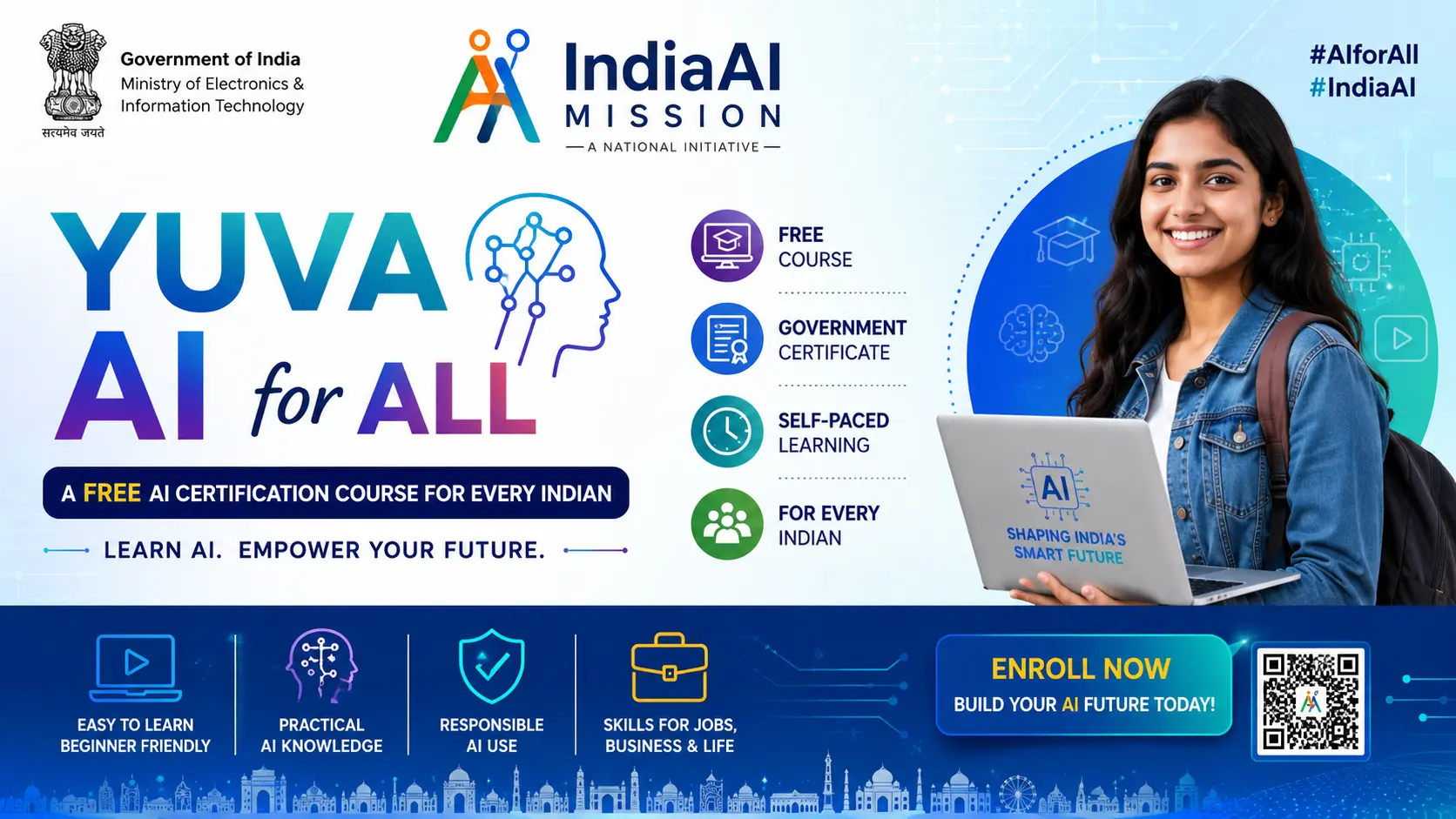 Banner of the Government of India YUVA AI for ALL course displaying the IndiaAI Mission logo and digital learning icons