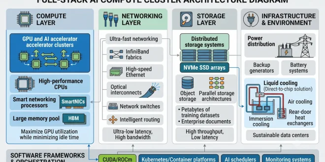 Labeled architecture diagram showing components of a full-stack AI compute cluster including GPUs, CPUs, optical networking, and liquid cooling.