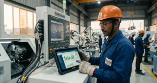 A modern manufacturing facility worker in India analyzing production metrics on a mobile tablet while standing next to computerized machinery.
