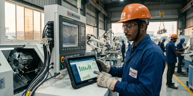 A modern manufacturing facility worker in India analyzing production metrics on a mobile tablet while standing next to computerized machinery.