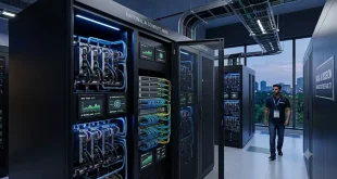 A high-tech Indian data center server rack featuring liquid-cooled GPU clusters and high-speed networking units running AI workloads.