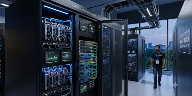 A high-tech Indian data center server rack featuring liquid-cooled GPU clusters and high-speed networking units running AI workloads.
