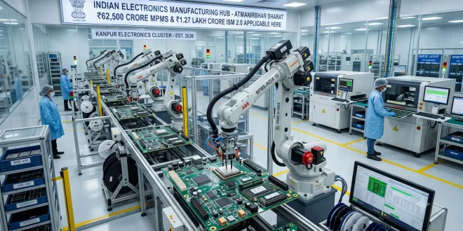 Automatic robotic arms assembling complex multi-layer printed circuit boards inside a modern Indian electronics factory.