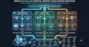 A conceptual economic flow chart mapping India's target sectors for the $51 billion critical import localization initiative, highlighting electronics, advanced manufacturing, and clean energy components.