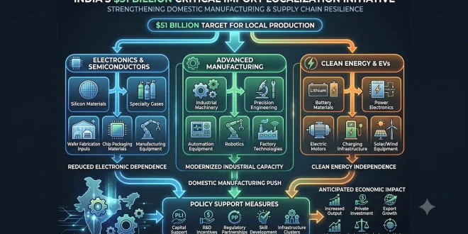 A conceptual economic flow chart mapping India's target sectors for the $51 billion critical import localization initiative, highlighting electronics, advanced manufacturing, and clean energy components.