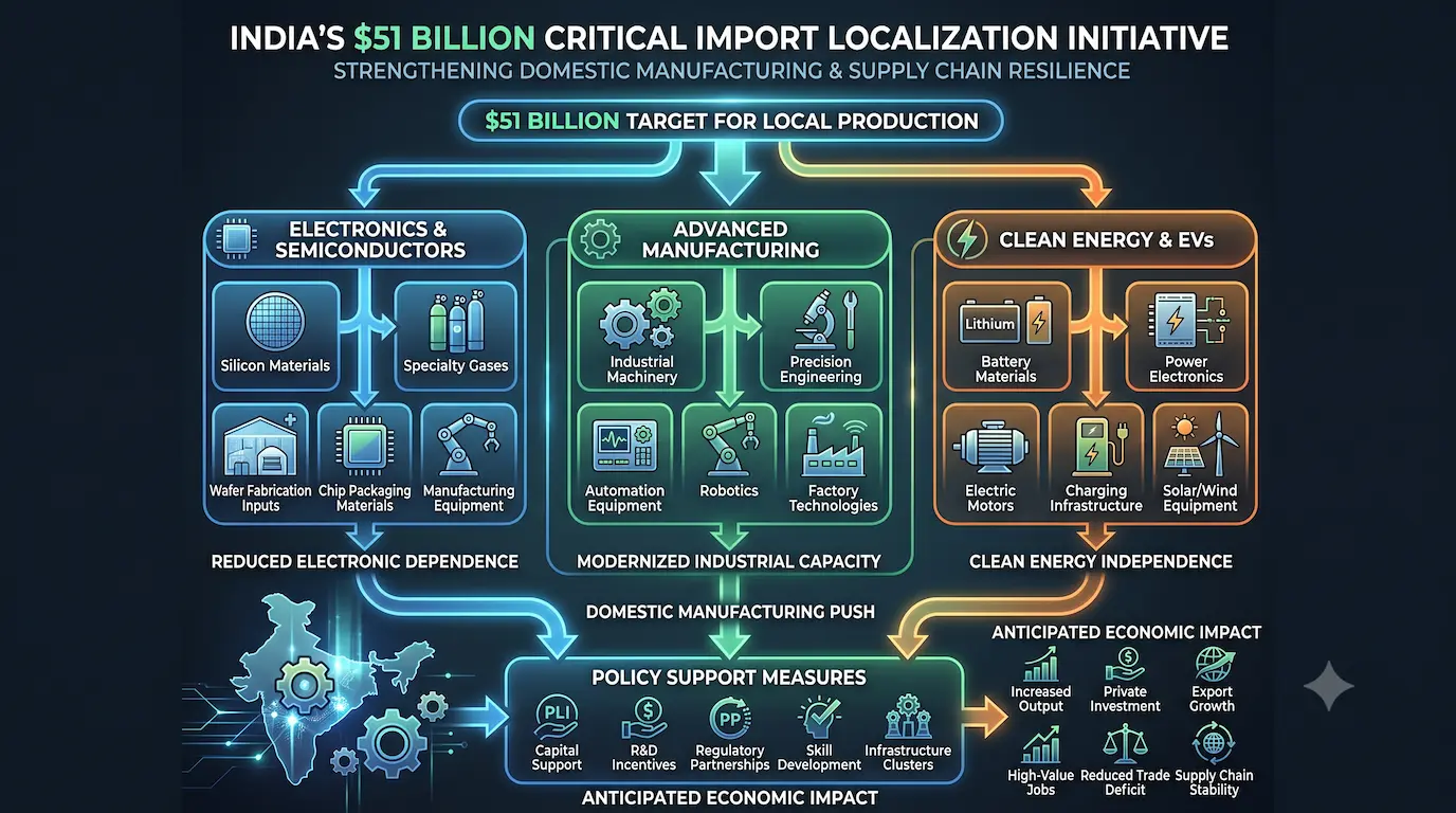 A conceptual economic flow chart mapping India's target sectors for the $51 billion critical import localization initiative, highlighting electronics, advanced manufacturing, and clean energy components.