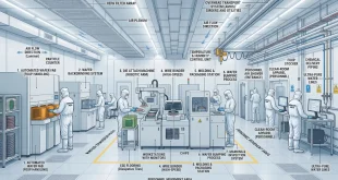 Labeled diagram illustrating a modern clean-room environment inside a semiconductor assembly and packaging facility in India.