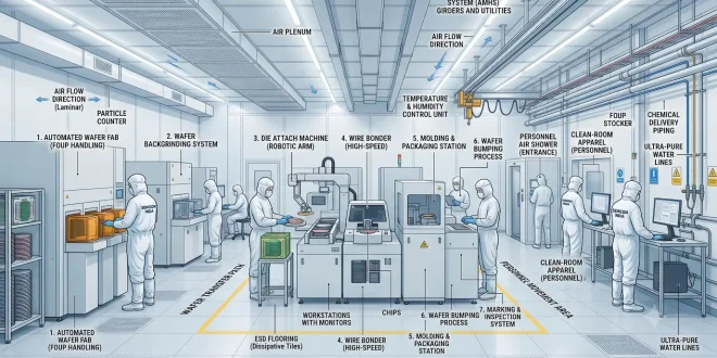Labeled diagram illustrating a modern clean-room environment inside a semiconductor assembly and packaging facility in India.