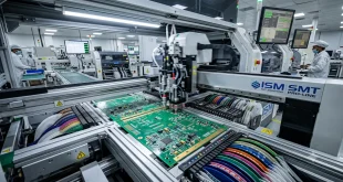 Automated surface-mount technology (SMT) line placing electronic components on a printed circuit board.