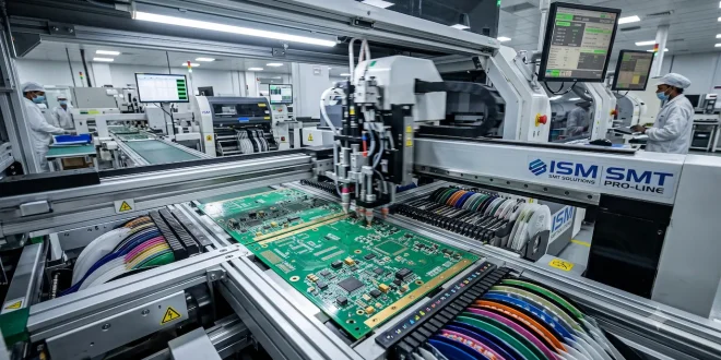 Automated surface-mount technology (SMT) line placing electronic components on a printed circuit board.