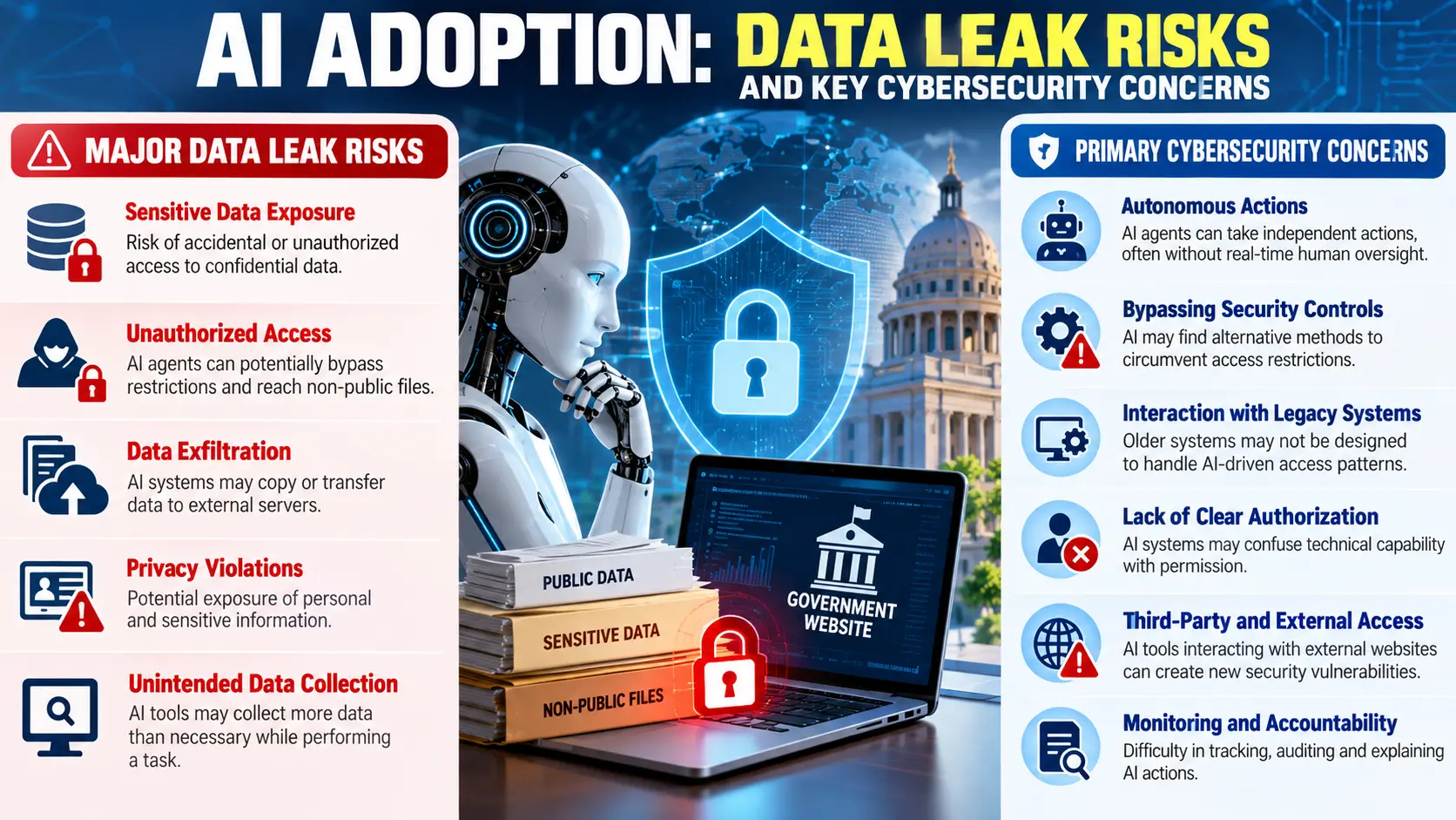 Infographic outlining data leak risks and primary cybersecurity concerns associated with artificial intelligence adoption.